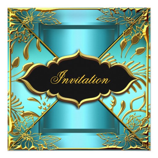 Elite Elegant Birthday Teal Gold Black Damask Custom Invitations