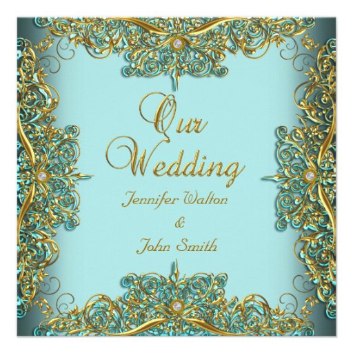Elite Elegant Wedding Ornate Blue Set Gold Invitations
