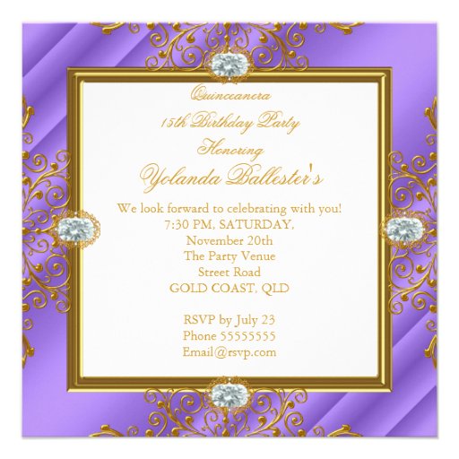 Elite Quinceanera Purple Silver Gold 15th Birthday Announcement