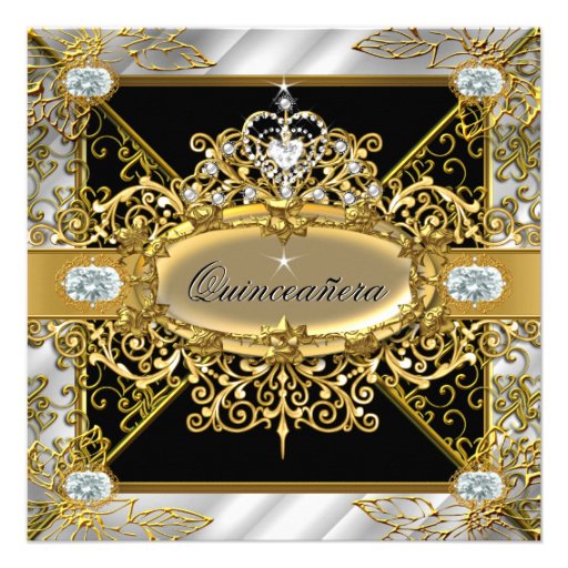 Elite Quinceanera Silver Gold Black Damask 15th Personalized Invites
