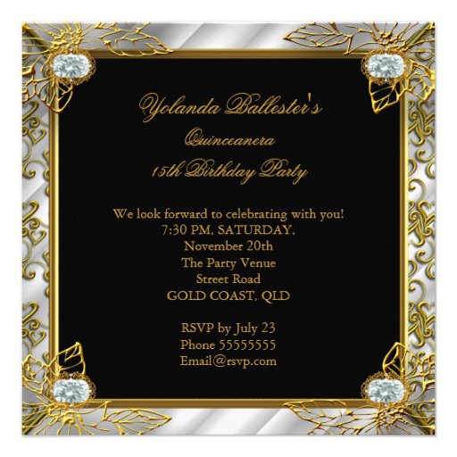 Elite Quinceanera Silver Gold Black Damask 15th Personalized Invites