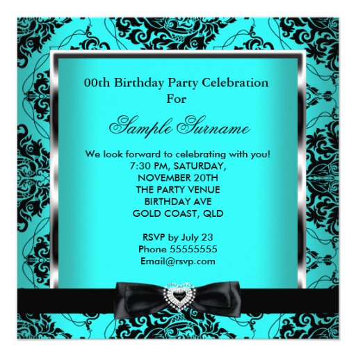 Elite Teal Blue Damask Silver Black Birthday Party Invites