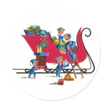 ELVES FILLING SANTA'S SLEIGH by SHARON SHARPE stickers by sharonsharpe ELVES FILLING SANTA'S SLEIGH by SHARON SHARPE stickers