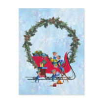 ELVES, SLEIGH & WREATH by SHARON SHARPE postcards by sharonsharpe ELVES, SLEIGH & WREATH by SHARON SHARPE postcards