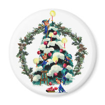 ELVES, TREE & FIR WREATH by SHARON SHARPE magnets by sharonsharpe ELVES, TREE & FIR WREATH by SHARON SHARPE magnets