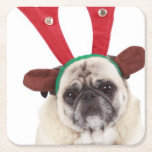 Embarrassed looking Pug wearing Reindeer Antlers Square Paper Coaster