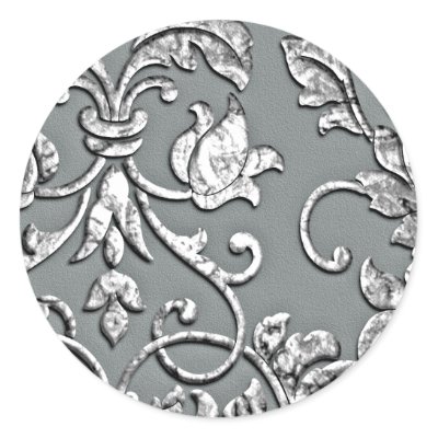 Embossed Metallic Look Damask Silver Round Sticker