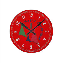 Embroidered Christmas Trees on Red wall clocks