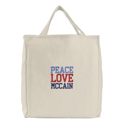 Embroidered Peace Love McCain Tote Bag by TeeShirtsTShirts