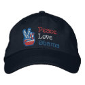 Embroidered Peace, Love, Obama embroidered hats