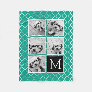 Emerald & Black Instagram 5 Photo Collage Monogram Fleece Blanket
