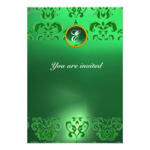 EMERALD DAMASK GEM STONE MONOGRAM green Invitations