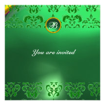 EMERALD DAMASK GEM STONE MONOGRAM green Custom Invitation
