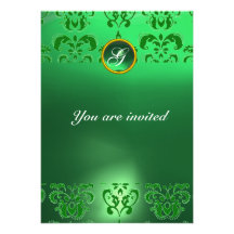 EMERALD DAMASK GEM STONE MONOGRAM green Invitation