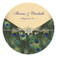 Emerald Gold Peacock Wedding Favor Labels sticker