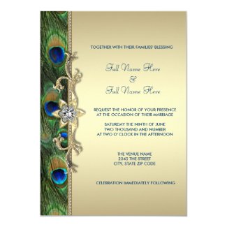 Emerald Green and Gold Peacock Wedding 5x7 Paper Invitation Card