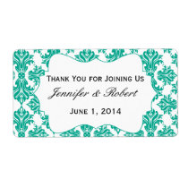 Emerald Green and White Damask Water Bottle Label