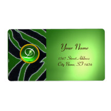 EMERALD GREEN BLACK WHITE ZEBRA FUR MONOGRAM PERSONALIZED SHIPPING LABEL
