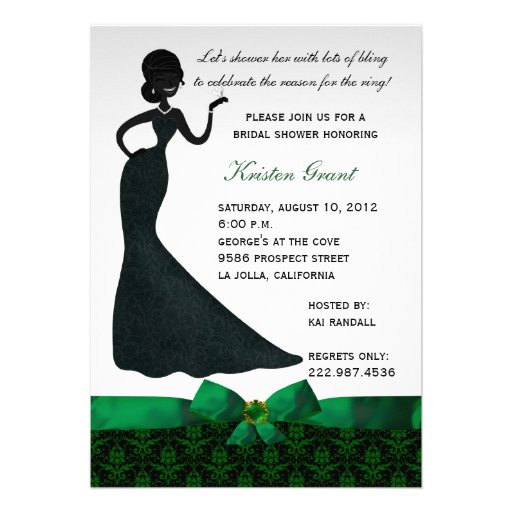 bridal shower invitation with damask green pattern on black background ...