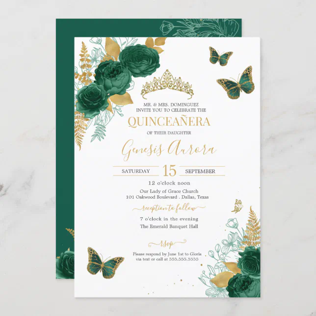 Emerald Green Gold Floral Butterfly Quinceañera Invitation Zazzle