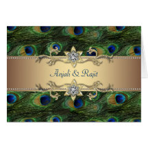 Emerald Green Gold Royal Indian Peacock Wedding Greeting Card