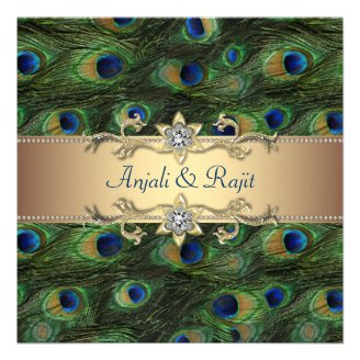 Emerald Green Gold Royal Indian Peacock Wedding Personalized Invites