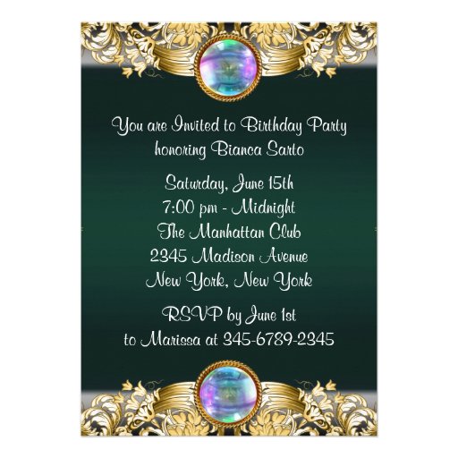 Emerald Green Gold Womans Birthday Party Custom Invitations