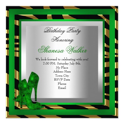 Emerald Green Gold Zebra Black High Heel Shoes Personalized Invite