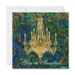 Emerald Green Peacock Blue Gold Chandelier Party invitations