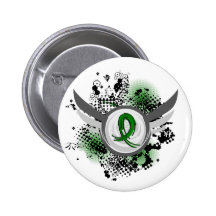 Emerald Green Ribbon And Wings Liver Cancer Pinback Buttons