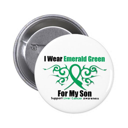 Emerald Green Ribbon (Son) Liver Cancer Pinback Button