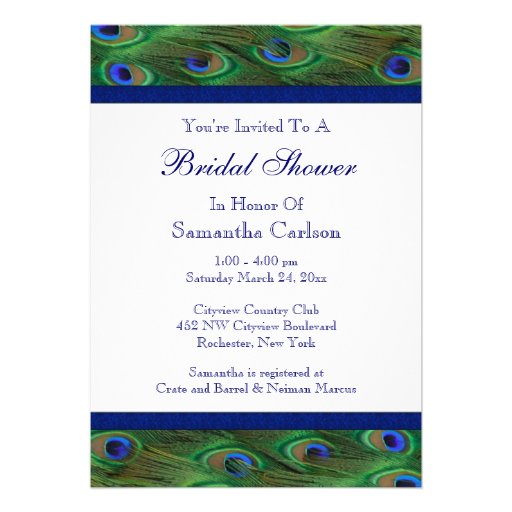 Emerald Green Royal Blue Peacock Bridal Shower Personalized Invite