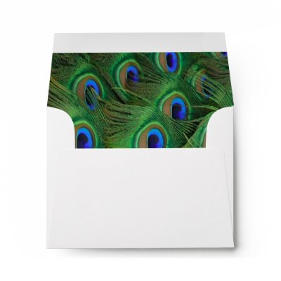 Emerald Green Royal Blue Peacock Feathers Wedding Envelope