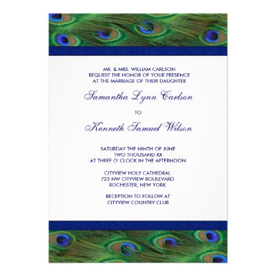 Emerald Green Royal Blue Peacock Feathers Wedding Custom Announcement