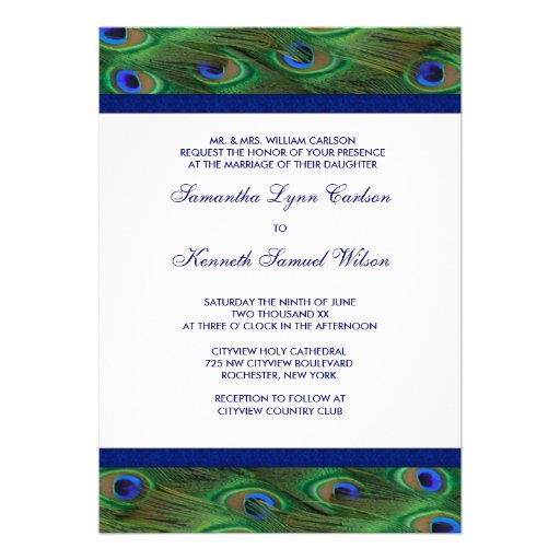 Emerald Green Royal Blue Peacock Feathers Wedding Custom Announcement