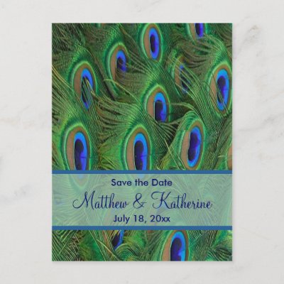 Emerald Green Royal Blue Peacock Feathers Wedding Postcards