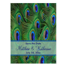 Emerald Green Royal Blue Peacock Feathers Wedding Postcards