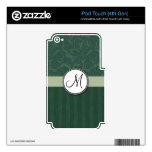 Emerald Teal Floral Wisps & Stripes with Monogram iPod Touch 4G Decal
