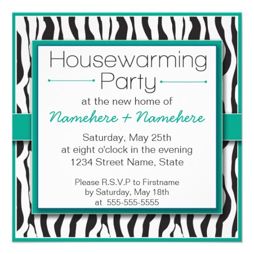 Emerald Zebra Print Housewarming Party Invitations (front side)