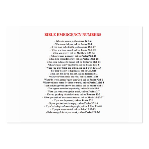 Emergency Bible Numbers  CARDS Business Card (front side)