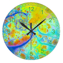 Emerging Galaxies Abstract Fractal Teal Lime Flow wall clocks