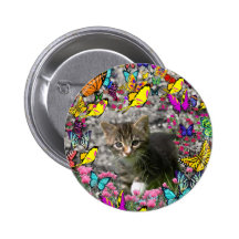 Emma in Butterflies I - Gray Tabby Kitten Button