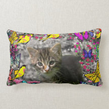Emma in Butterflies I - Gray Tabby Kitten Throw Pillow