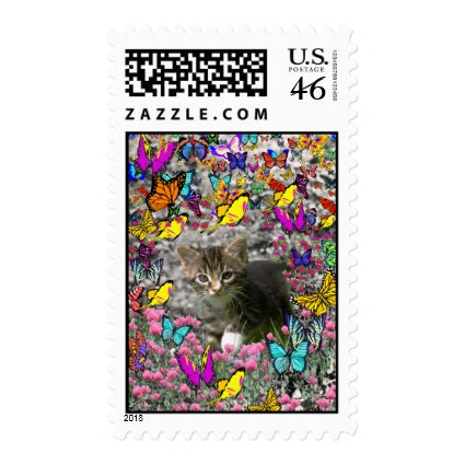 Emma in Butterflies I - Gray Tabby Kitten Postage Stamp