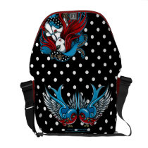 rockabilly, polkadots, tattoo, swallow, birds, red, blue, fairy, angel, faery, fae, fantasy, art, emma, mykajelina, Rickshaw messenger bag with custom graphic design