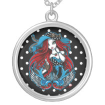rockabilly, tattoo, swallow, birds, angel, red, fairy, fae, fantasy, art, vintage, emma, polkadots, mykajelina, Necklace with custom graphic design