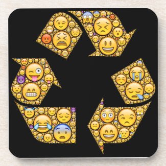 Emoji-art emotional expressions in recycle symbol drink coasters