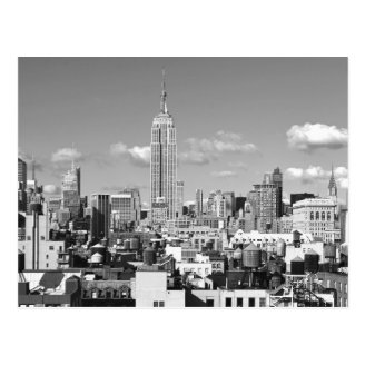 Empire State Building NYC Skyline Puffy Clouds BW Postcard