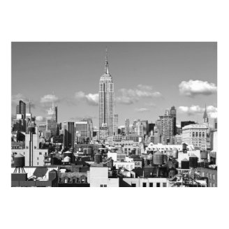 Empire State Building NYC Skyline Puffy Clouds BW Print