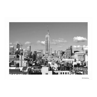 Empire State Building NYC Skyline Puffy Clouds BW Poster